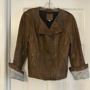 Women’s brown leather moto jacket